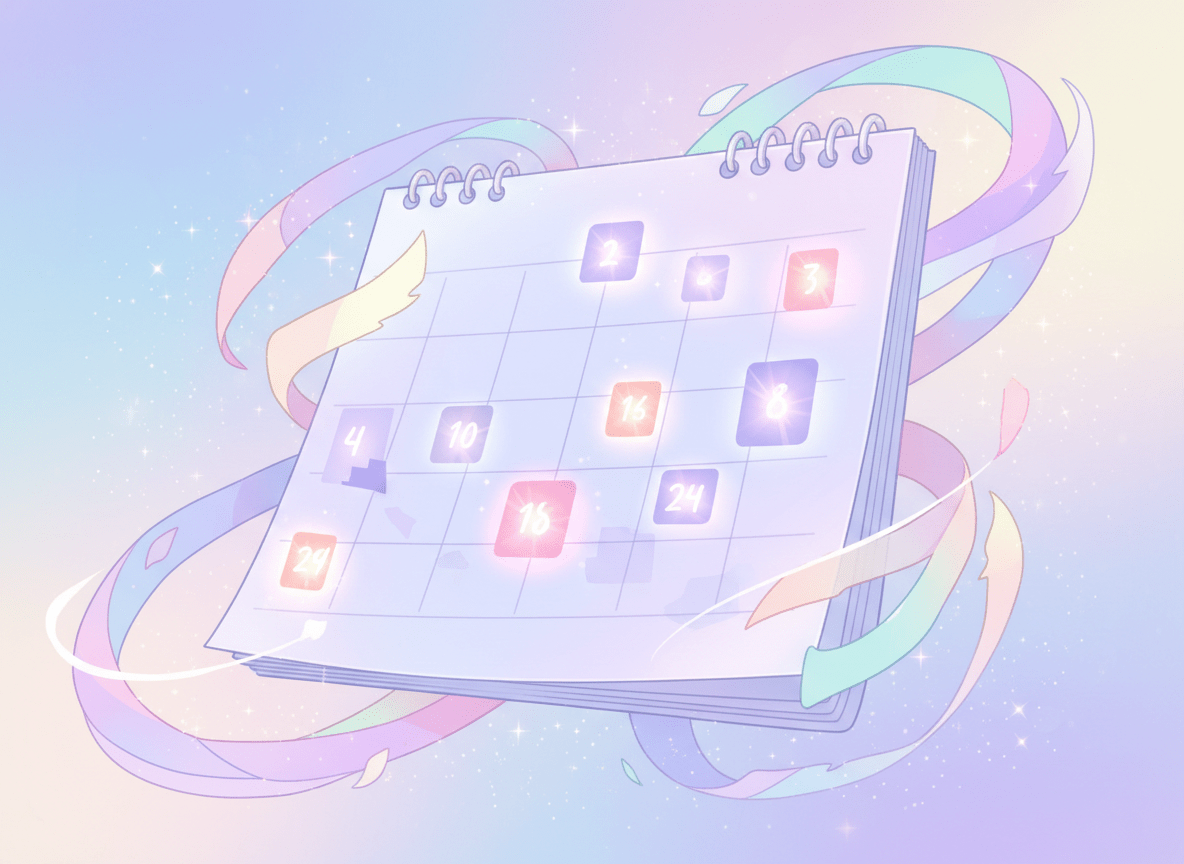 Stylized pastel calendar with glowing dates surrounded by colorful swirling ribbons and sparkles.