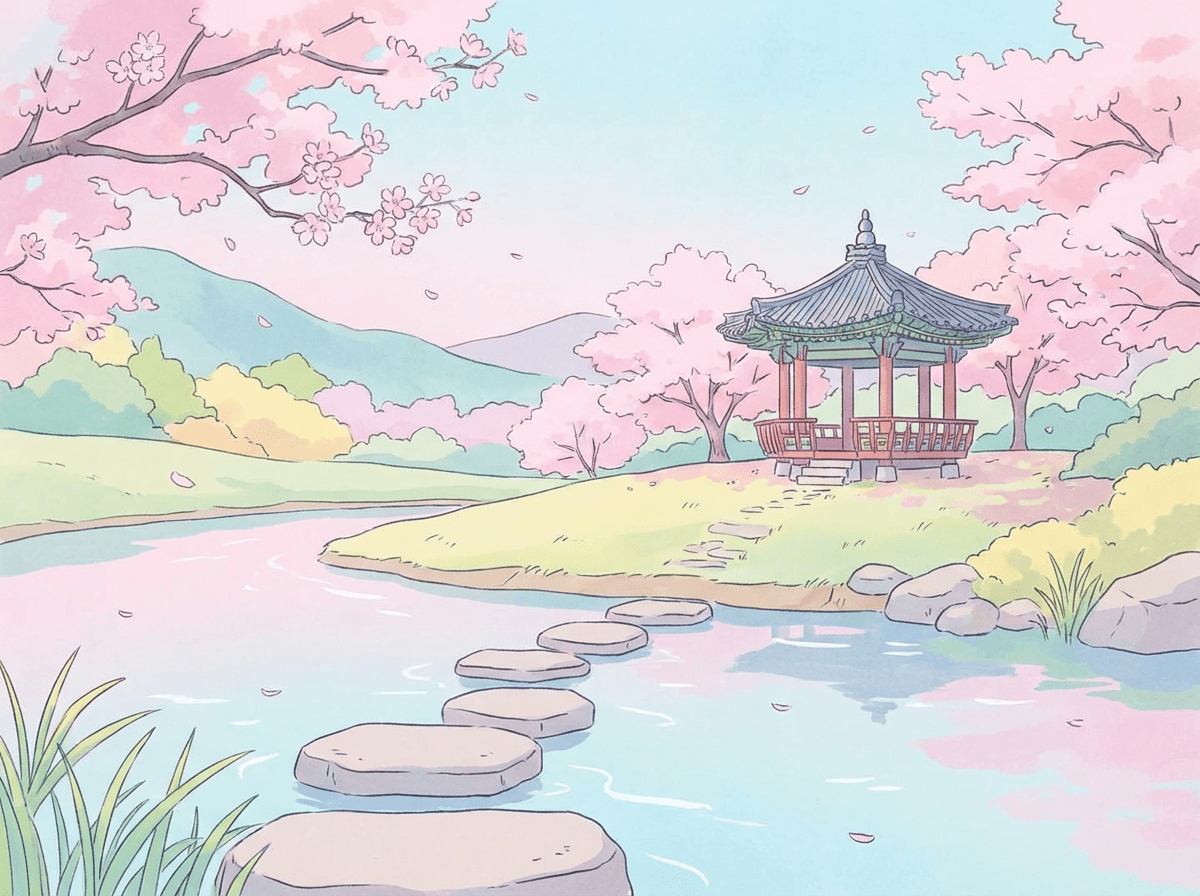 Traditional gazebo and stepping stones over a river surrounded by blooming cherry blossom trees.