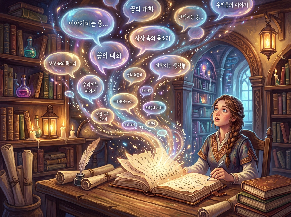 Young woman writing in a magical book with glowing speech bubbles in a library