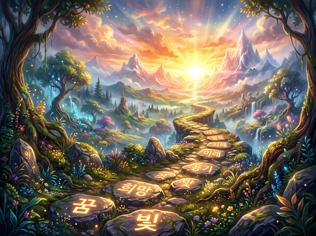 Stone pathway glowing with Korean words in a colorful fantasy landscape