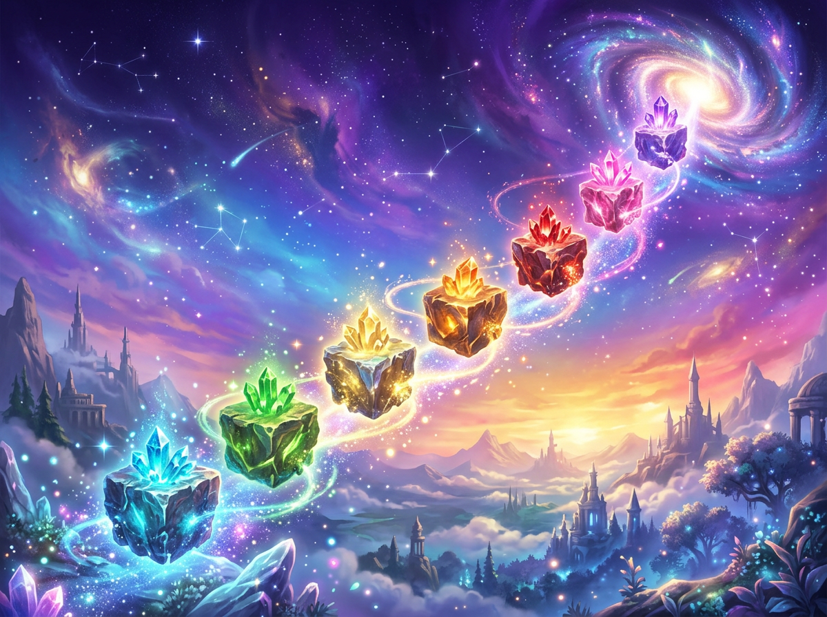 Floating colorful crystals forming a spiral path in a fantasy sky above an enchanted landscape