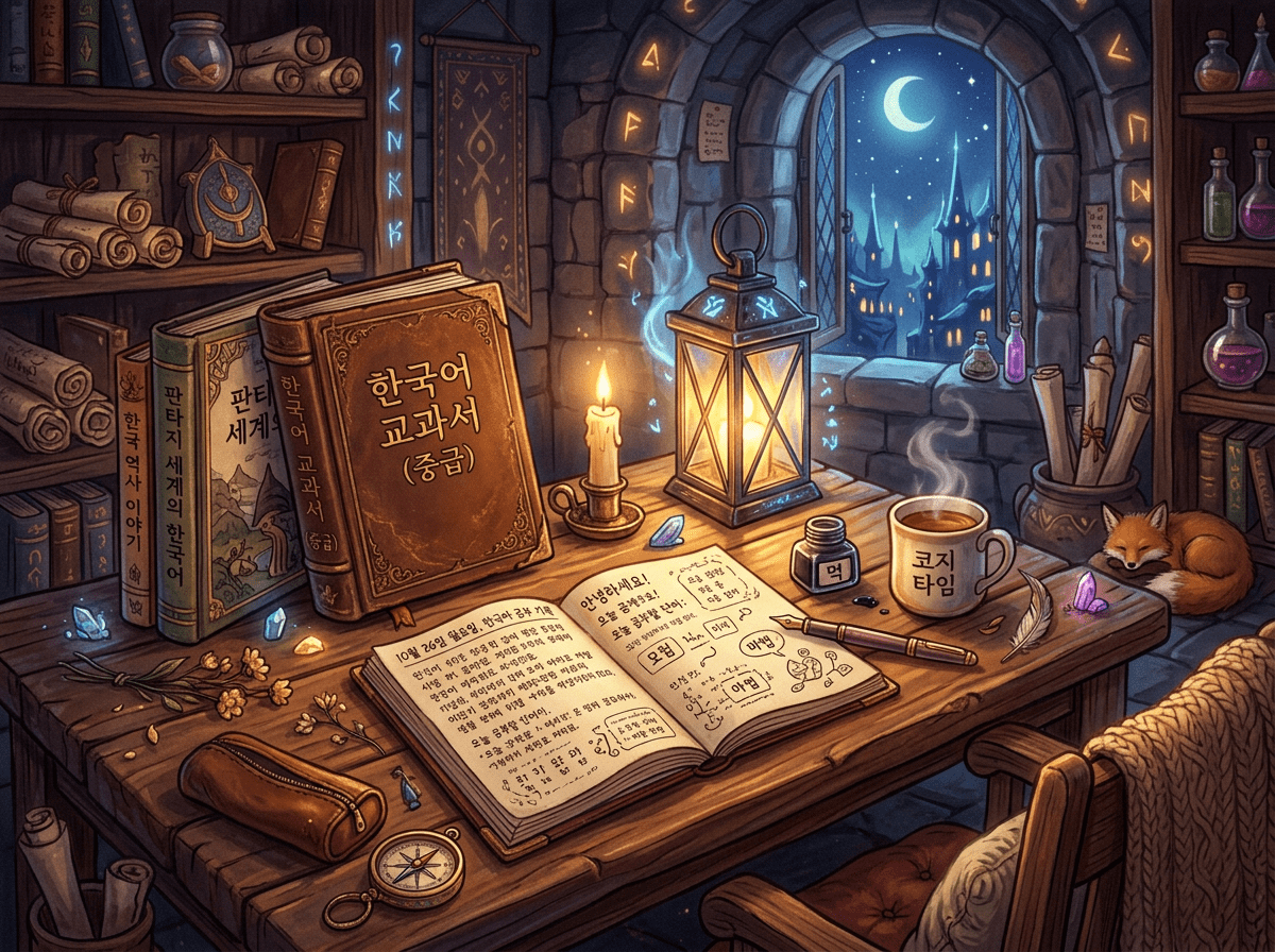 Cozy study desk with Korean language books, candle, lantern, tea cup, and a sleeping fox