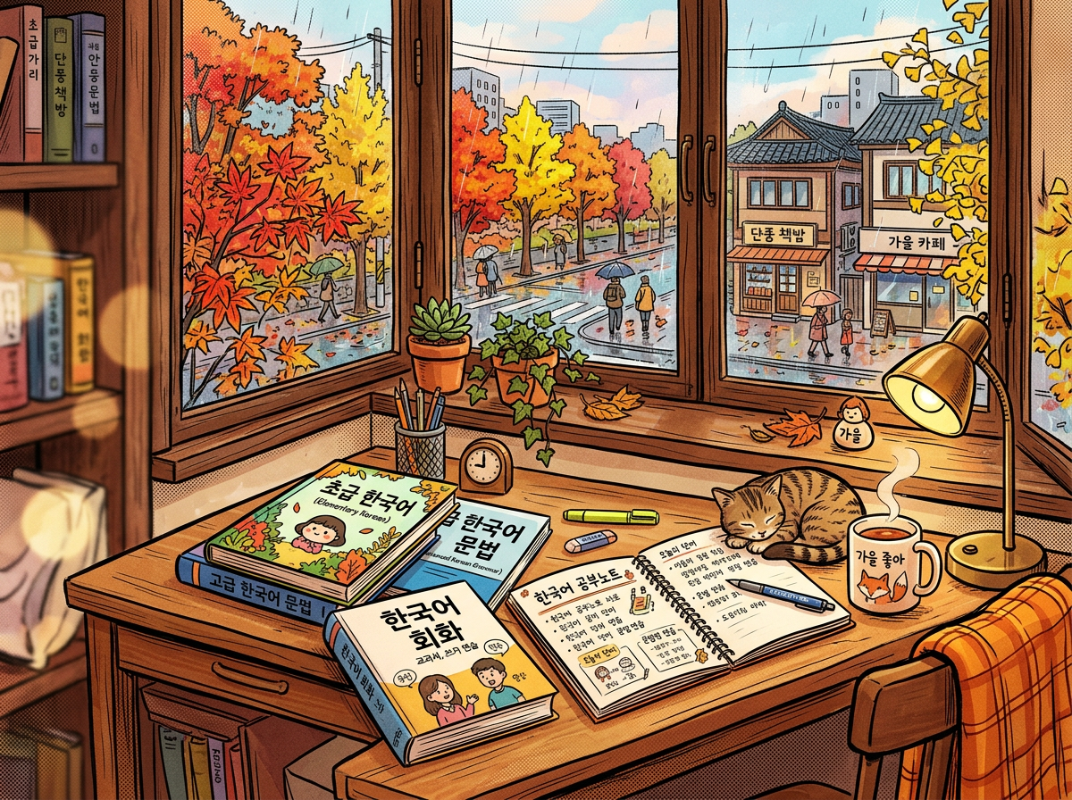 Study desk with Korean language books, a sleeping cat, and rainy autumn trees outside window