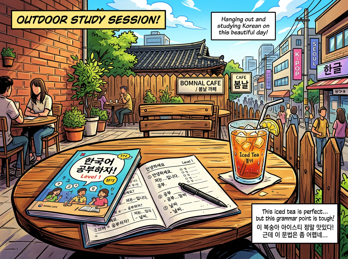 Outdoor cafe table with Korean language books, iced tea, and a street view