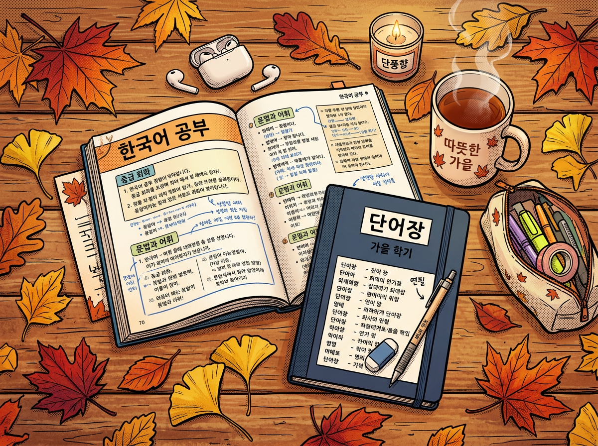 Open Korean language study book, notebook with pencil and eraser, steaming cup of tea, pencil case, autumn leaves, candle, and wireless earbuds on wooden table