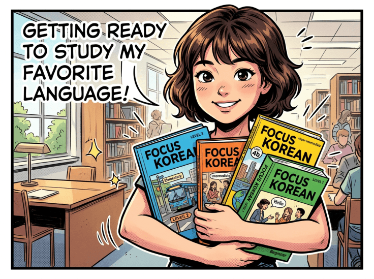 Girl holding Focus Korean textbooks levels 1-4b